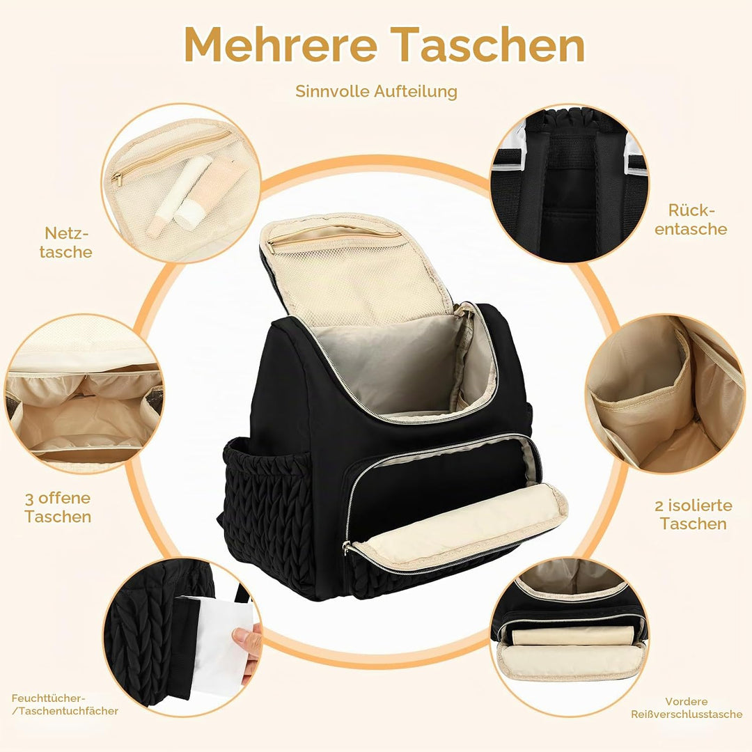 Wickelrucksack, Wickeltasche mit Wickelunterlage(schwarz), Schwarz