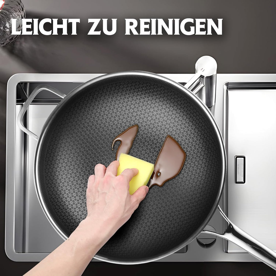 Wokpfanne Induktion 30cm Hybrid-Woks und Bratpfannen, Antihaft Wabenpfanne mit Deckel, Edelstahlpfan