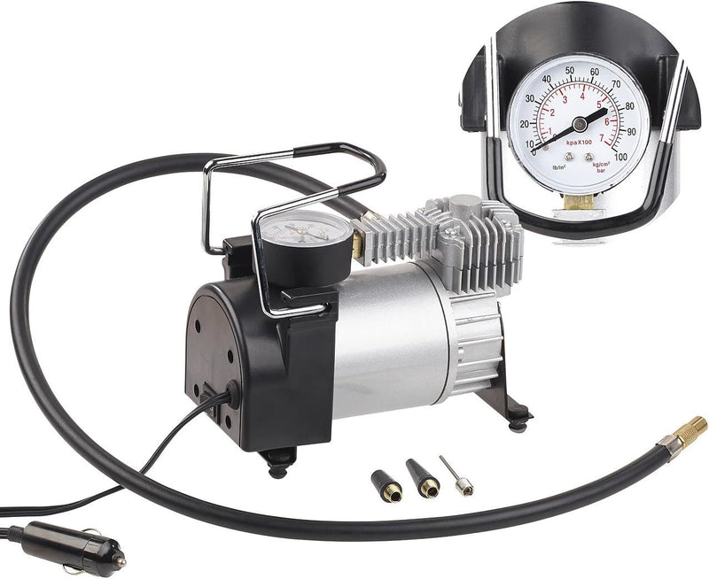 Lescars Minikompressor: Mini-Luft-Kompressor mit Manometer, 12 V, 100 psi, 168 Watt, 3 Adapter (Komp