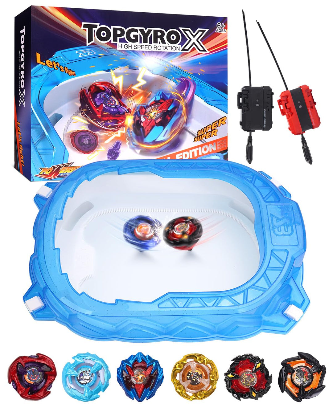 X-Arena Starter-Set – 6 Battle-Tops mit 2 Startern, Beschleunigungsbahn & Schutzdach, Geschenk für J