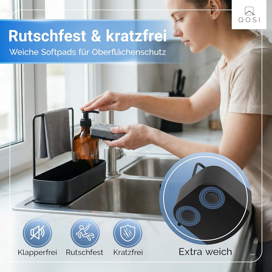 Spülbecken Organizer schwarz aus rostfreiem Edelstahl | Spüle Organizer mit Schwammhalter, Spüllappe