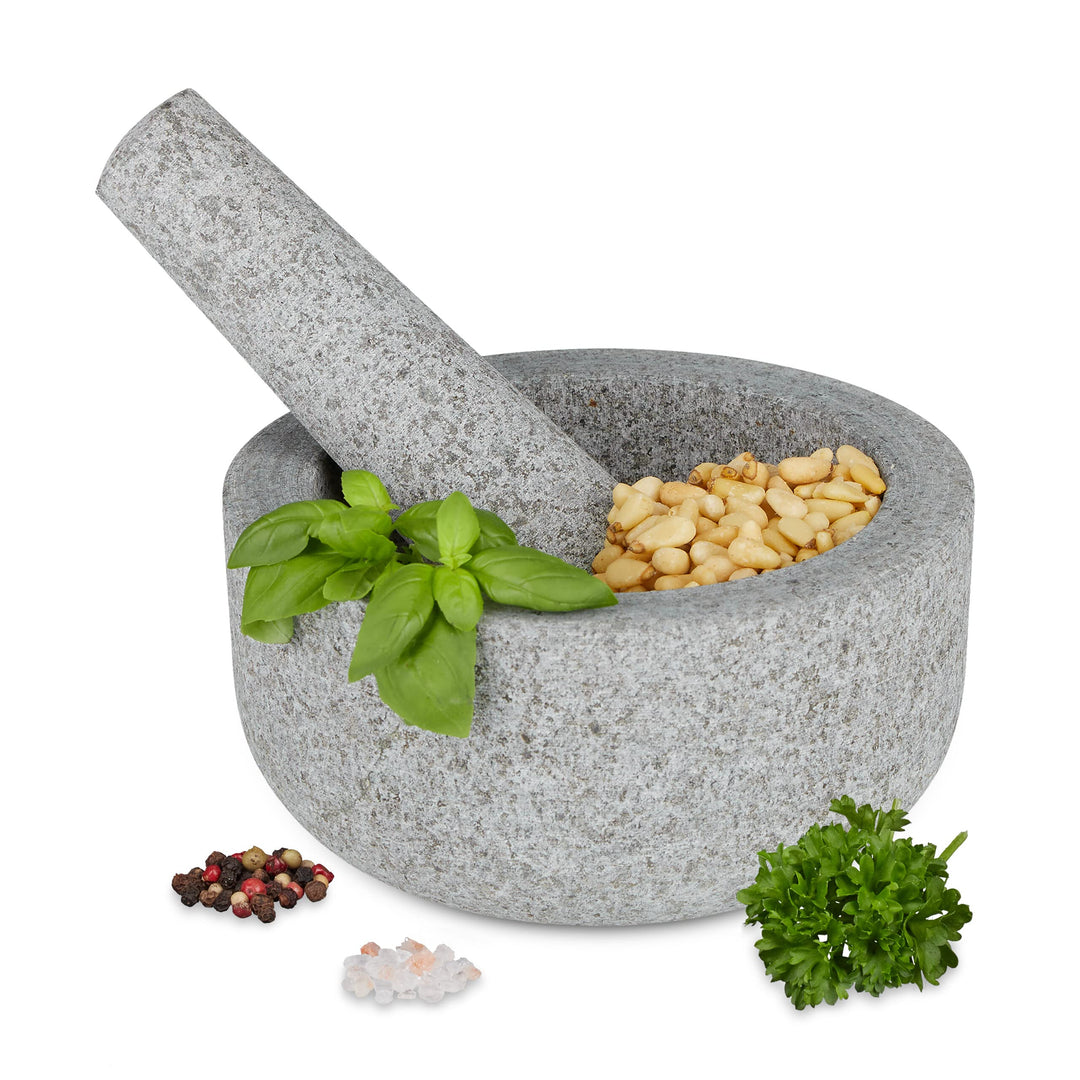 Relaxdays Mörser mit Stössel, Granit, runder Steinmörser, HxD: 8 x 16 cm, Gewürze & Kräuter, schwere