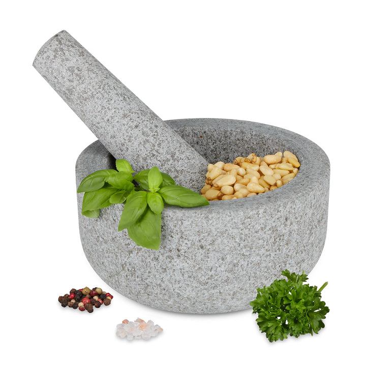 Relaxdays Mörser mit Stössel, Granit, runder Steinmörser, HxD: 8 x 16 cm, Gewürze & Kräuter, schwere