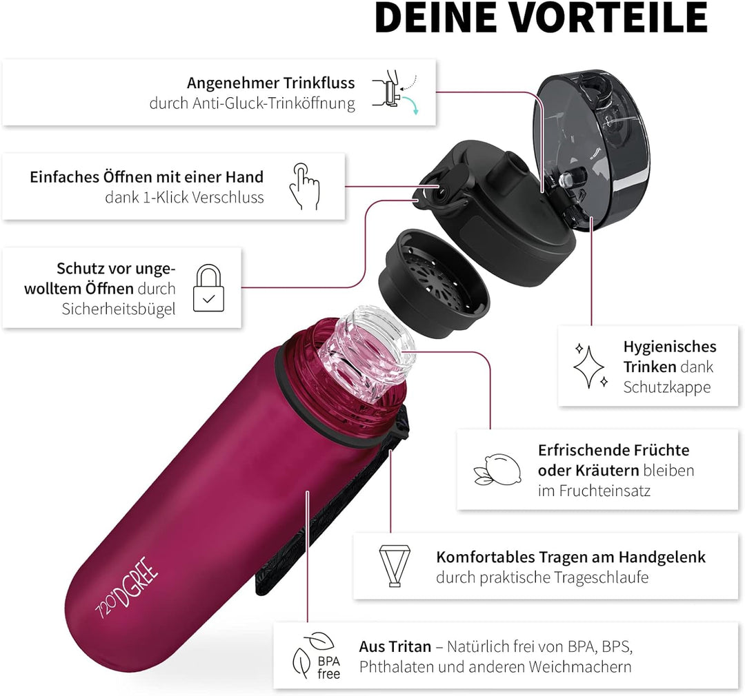 720°DGREE Trinkflasche “uberBottle“ 350ml, 500ml, 650ml, 1l softTouch +Früchtebehälter - Auslaufsich