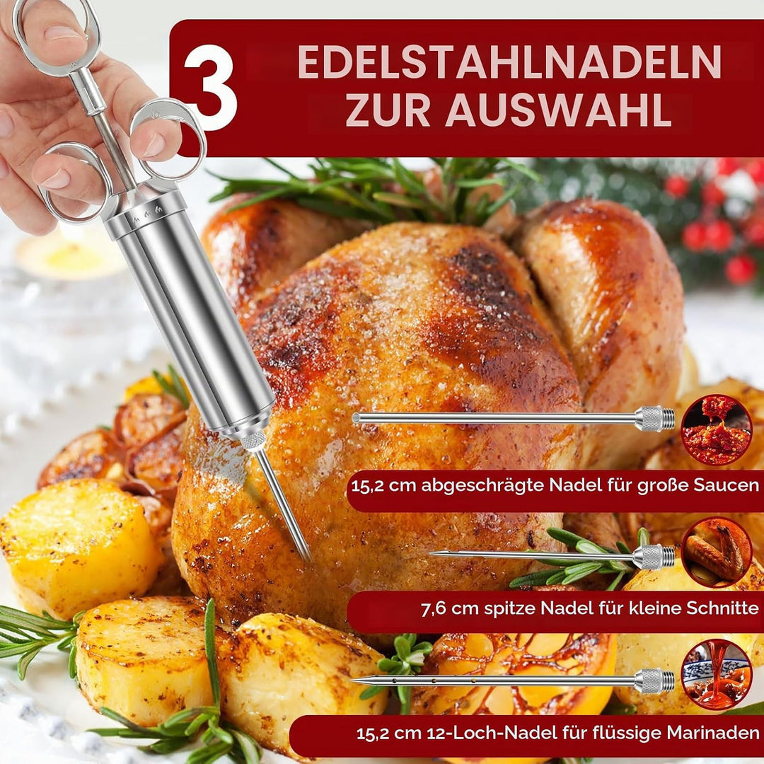 Edelstahl Fleischspritze, Marinadenspritze Kit mit 3 Marinierspritze Nadeln und 2 Reinigungsbürste,