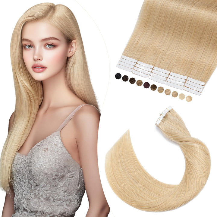 Elailite Extensions Echthaar Tape in #24 Mittelblond, 20 Stück/Packung Real Human Hair, 20cm Haarver