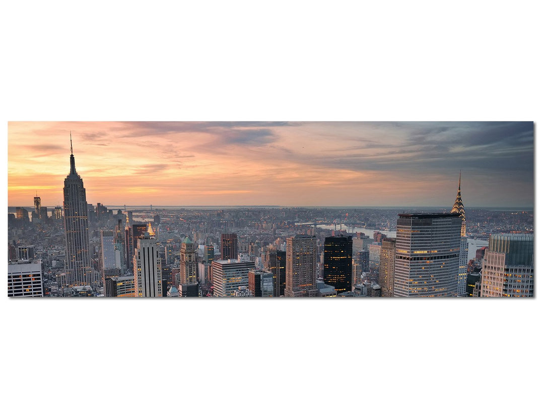 Paul Sinus Art Panoramabild auf Leinwand und Keilrahmen 150x50cm New York Manhattan Skyline Sonnenun