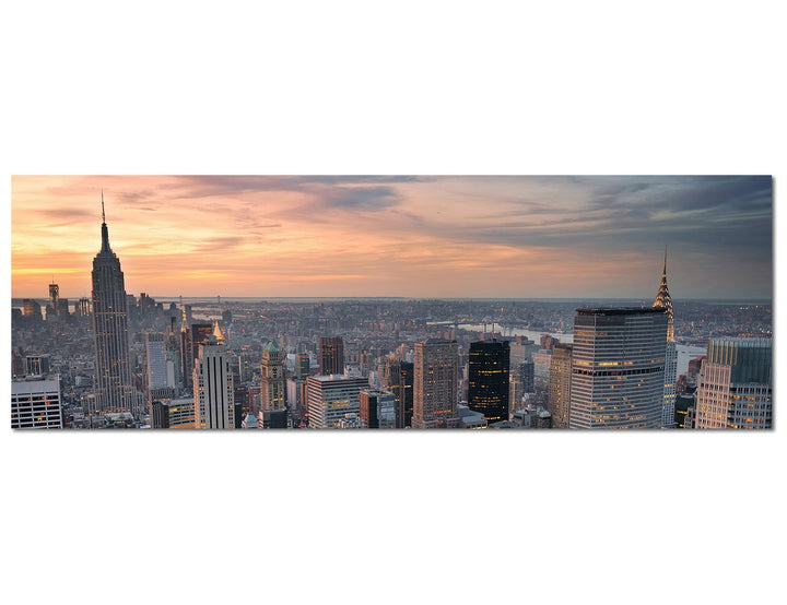 Paul Sinus Art Panoramabild auf Leinwand und Keilrahmen 150x50cm New York Manhattan Skyline Sonnenun
