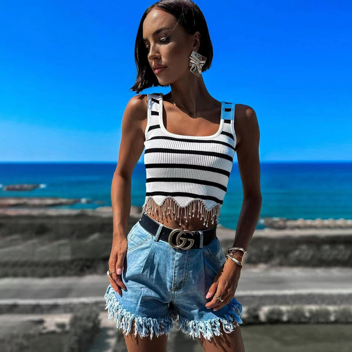 Naimo Damen Crop Top mit Strass Fransen Ärmellos Geripptes Tank Top Sexy Weste Slim Fit Cropped Ober