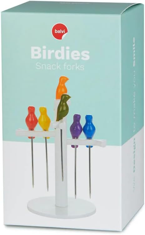 Balvi Aperitif-Spiesschen Birdies aus Edelstahl, 6-teilig, Griff in Form eines Vogels Mit Baum-Halte