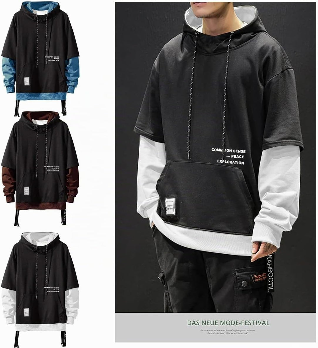 Moshtashio Kapuzenpullover für Herren, Patchwork Hoodie mit Kontrastfarbe Langarm Basic Sweatshirt P