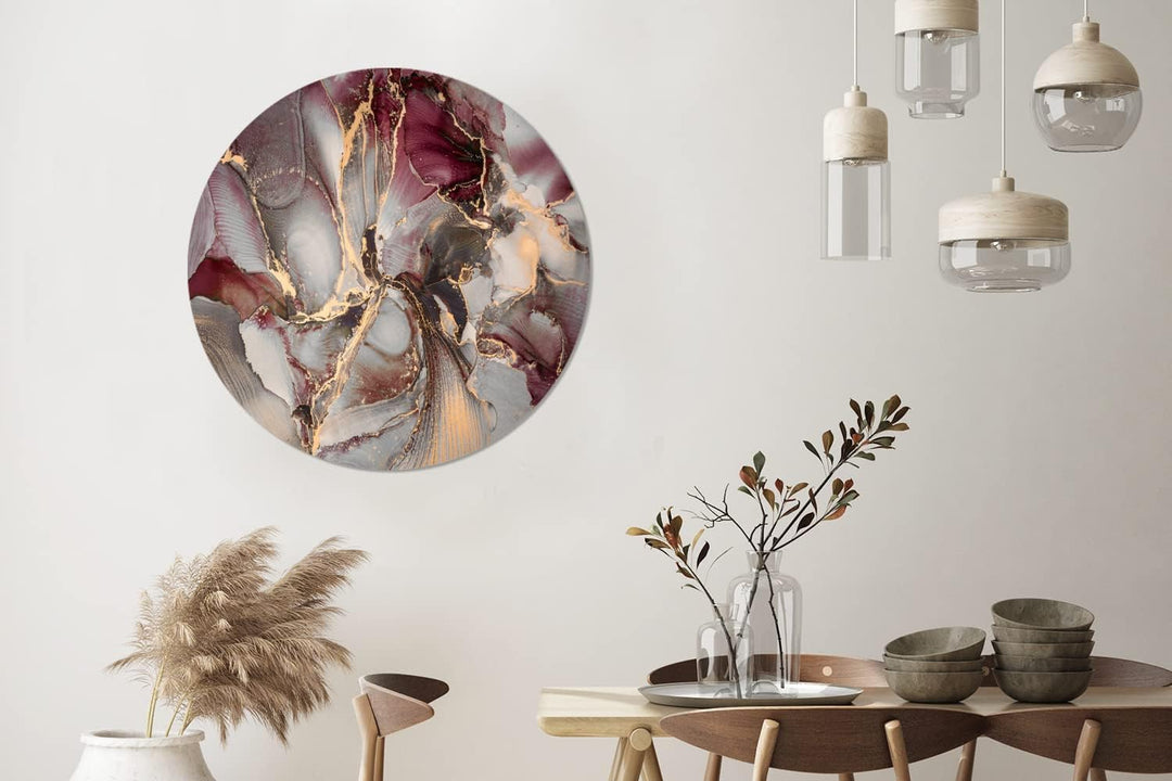 Wandbild Rund Wanddeko Deko Wohnzimmer Bilder 90x90 cm Gold - Marmor - Lila, 90x90 cm