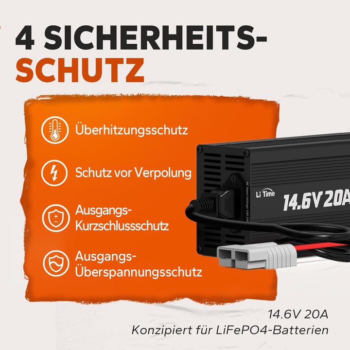 LiTime 14.6V 20A Lithium Batterieladegerät 12V LiFePO4 Batterieladegerät AC-DC Smart Charger mit And