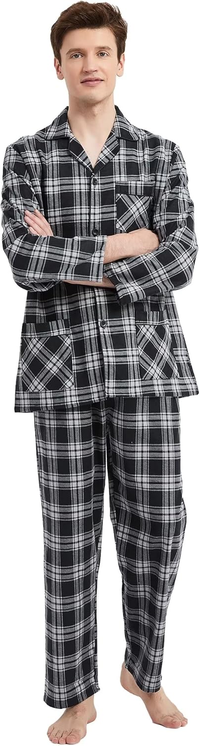 Amaxer Flanell Schlafanzug Herren 100% Baumwolle Pyjama mit Knopfleiste Set Lang Warmer Winter Schla