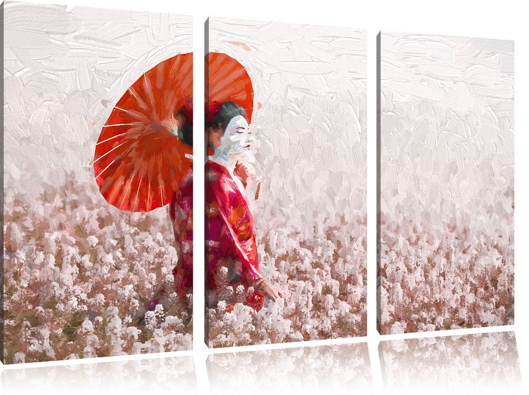 Pixxprint Geisha auf dem Feld Kunst als Leinwandbild/Grösse: 3 Teilig (120x80) cm/Wandbild/Kunstdruc