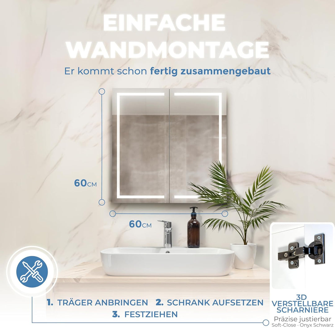 HAPA Design Premium Badezimmer Spiegelschrank Milano 60cm breit 2-türig. Fertig montiert, in der EU