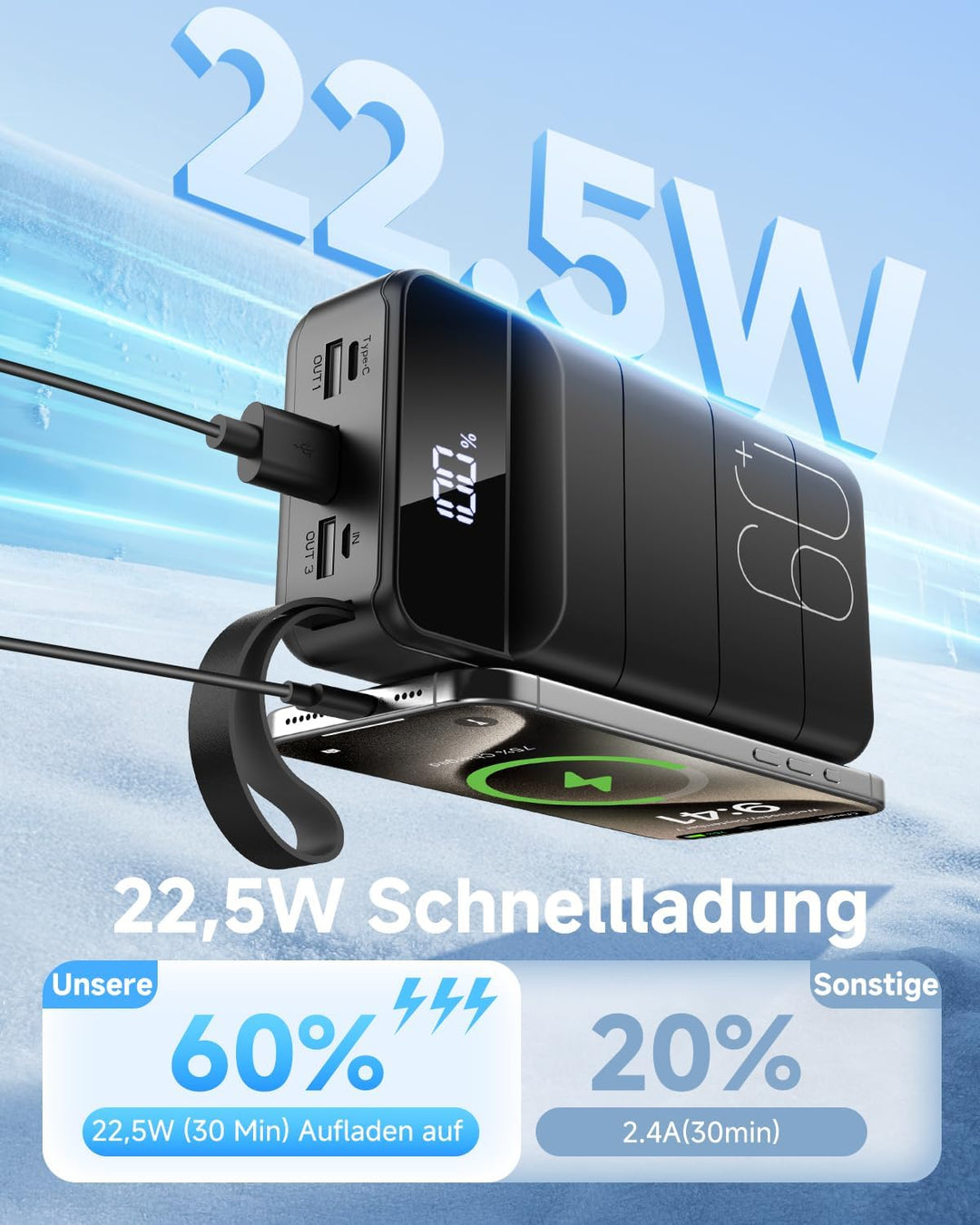60000mAh Power Bank, 22,5W Powerbank USB-C Schnellladefunktion Externe Akku mit 4 Ausgänge und 2 Ein