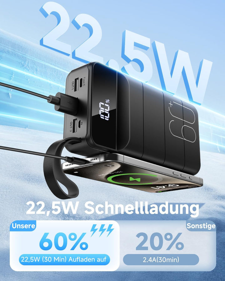 60000mAh Power Bank, 22,5W Powerbank USB-C Schnellladefunktion Externe Akku mit 4 Ausgänge und 2 Ein