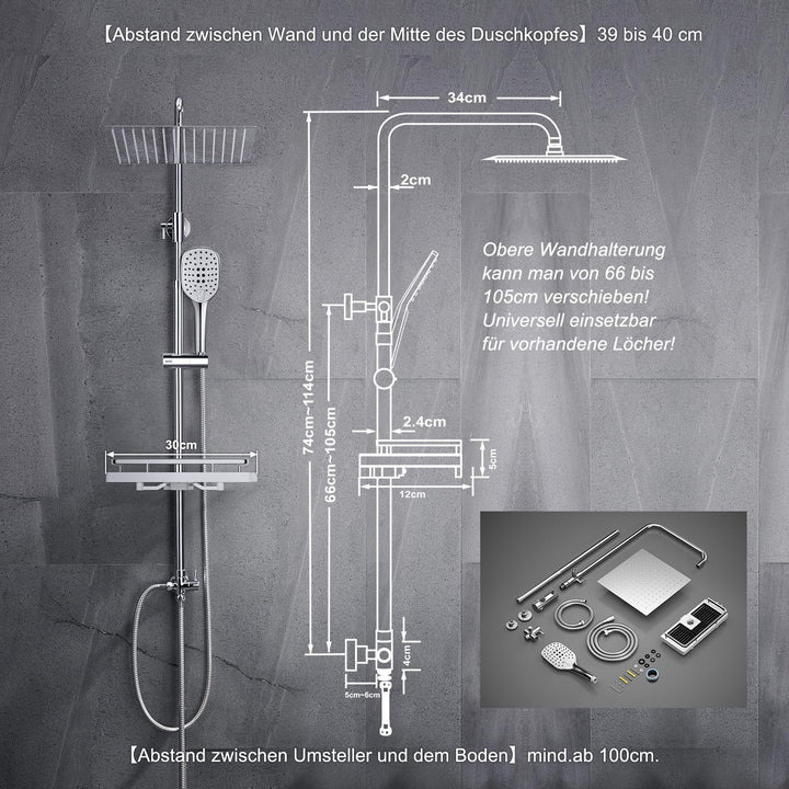 JOHO Edelstahl Regendusche Duschsystem Duschset Duschstange mit Ablage Chrom(Kopfbrause 25x25cm) 252
