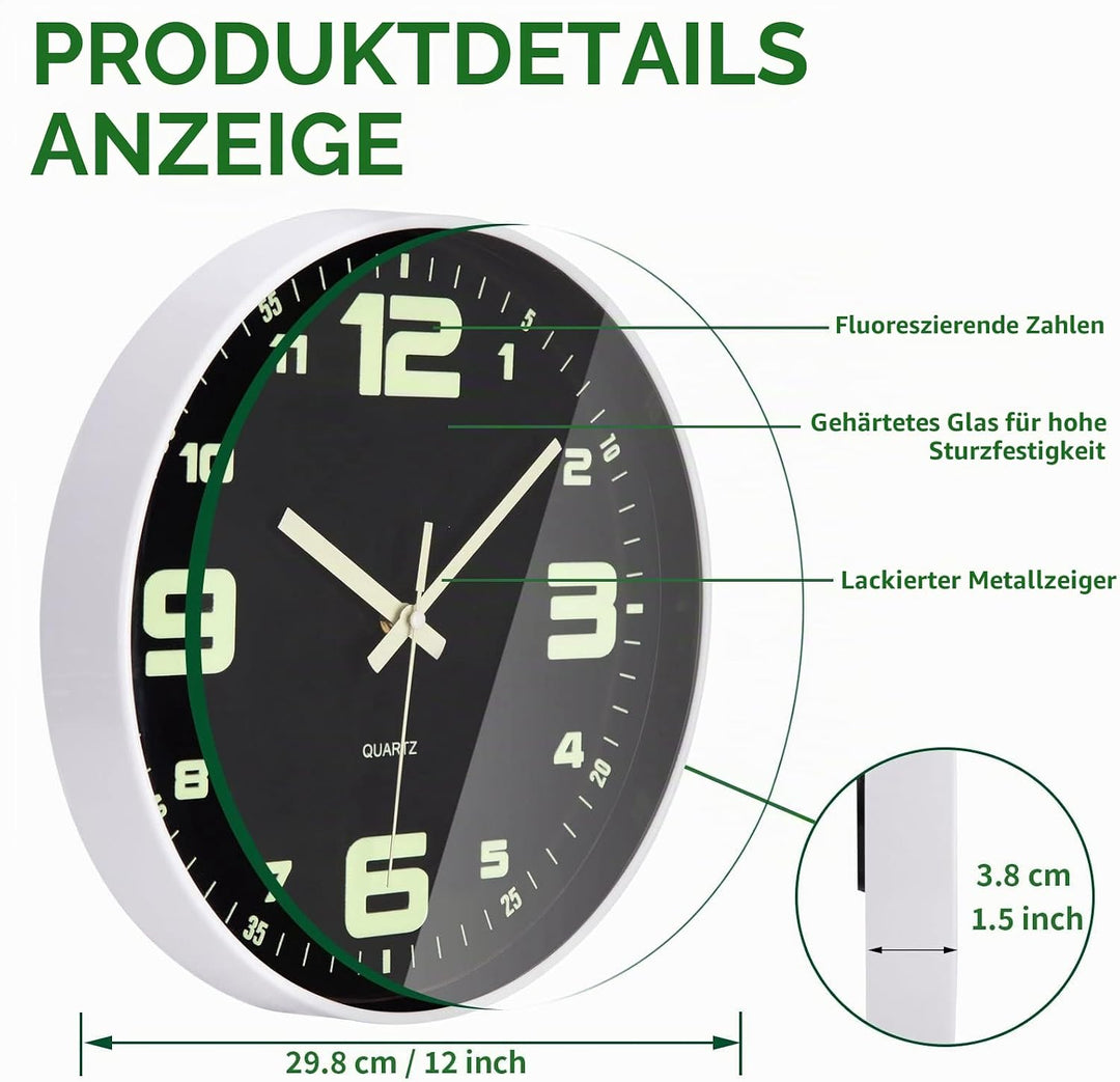 VIVILINEN Wanduhr Leuchtend mit Grossen Zahlen Wanduhr Ohne Tickgeräusche Quartzuhr Rund Batteriebet
