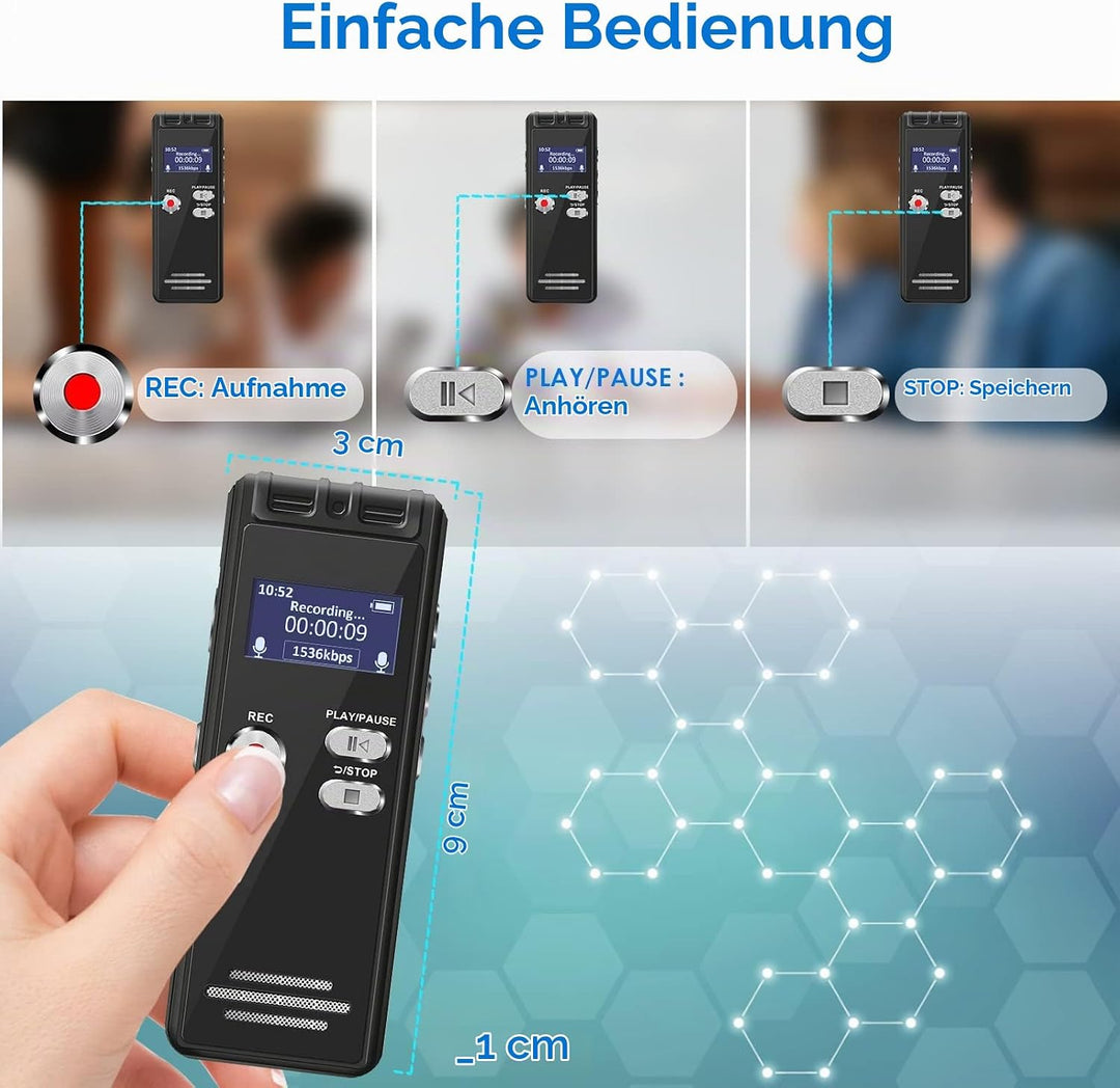 16 GB Aiworth Sprachaktivierter Digitaler Diktiergerät–Mini Aufnahmegerät mit Wiedergabe und Passwor