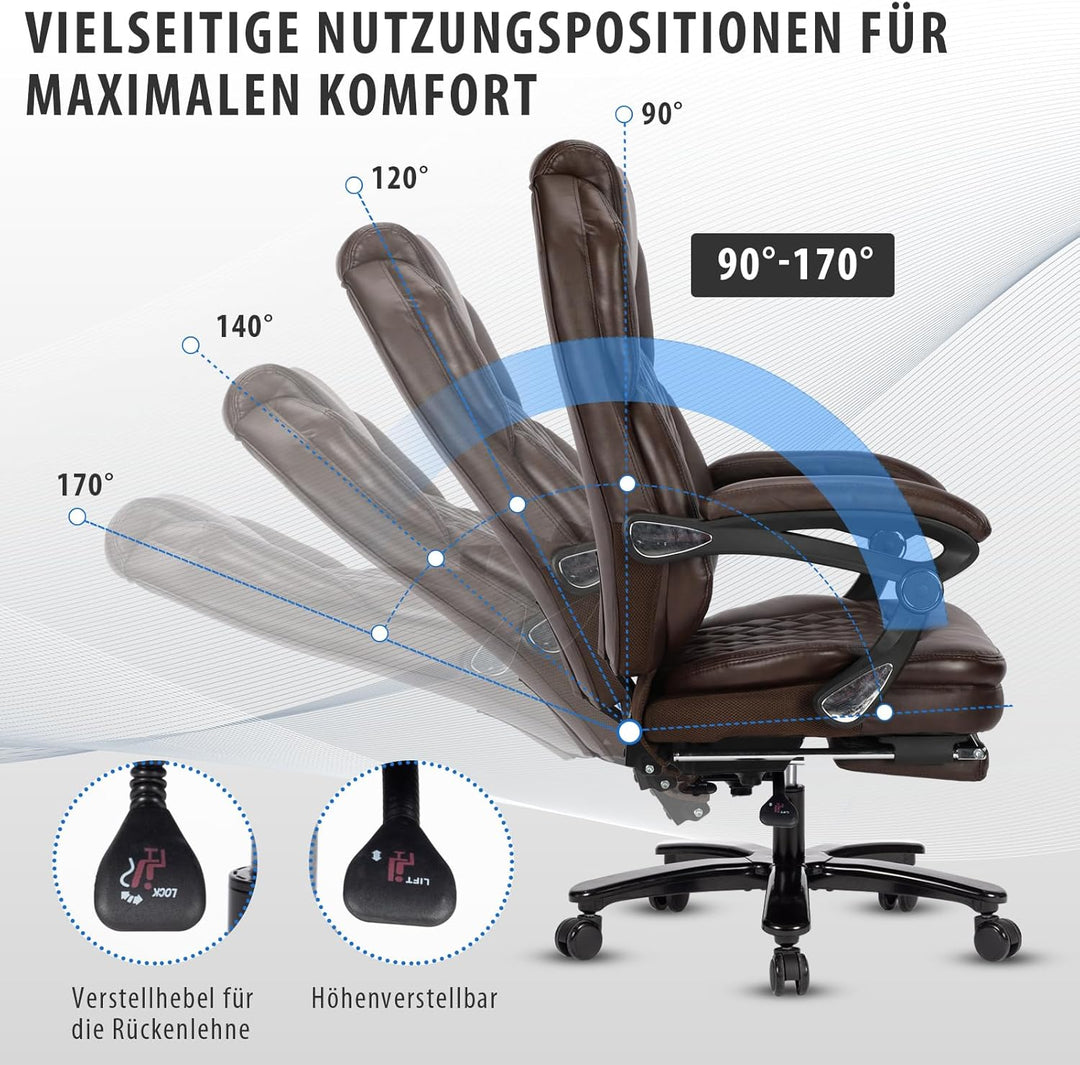 Bosmiller Grosser Chefsessel mit Fussstütze, Office Chair 180kg, Ergonomischer Bürostuhl für Übergrö