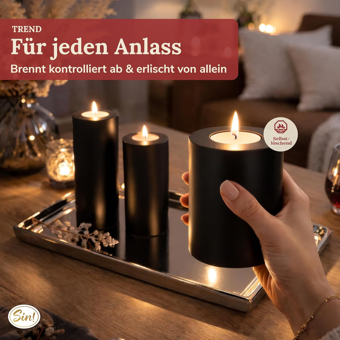 Sin!® 1x Teelichthalter & Dauerkerze Trend SCHWARZ ∅ 8cm Höhe 15cm - Die Kerze die Nicht schmilzt! K