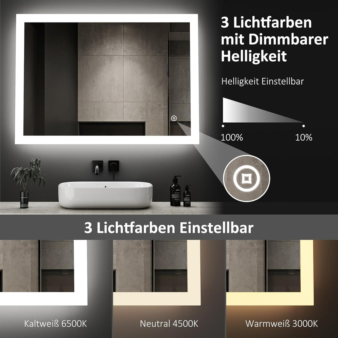 Boromal LED Badspiegel mit Beleuchtung 40x60cm LED Badspiegel 3 Lichtfarbe Dimmbar 3000-6500K 1940LM