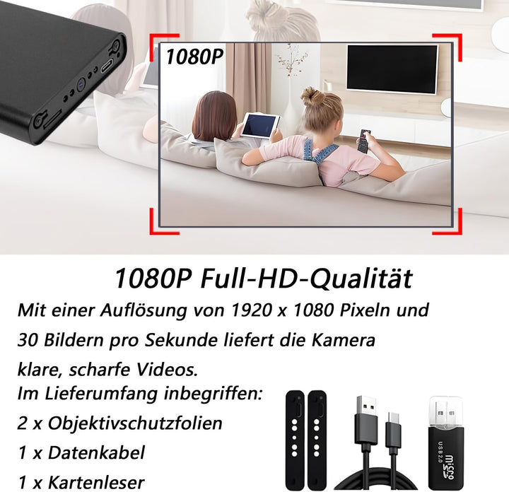 1080P HD Überwachungskamera – Ohne WLAN Direktaufzeichnung –Tragbare Kamera- 512 GB kompatibel – Inn
