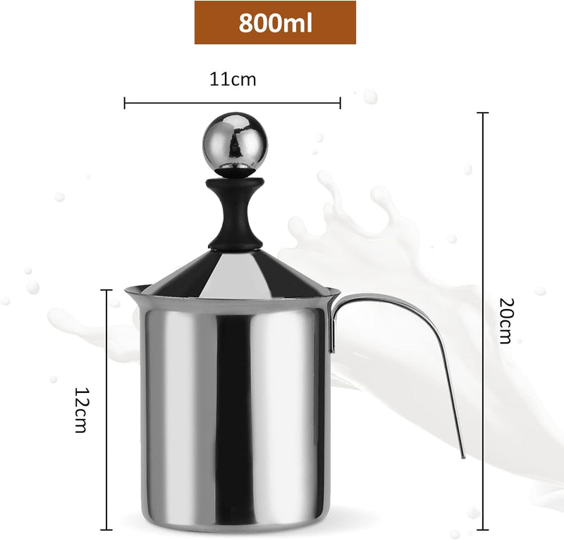 Milchaufschäumer Manuell Edelstahl 800ml Perfekter Milchschaum dank doppeltem Sieb und speziellem Dr