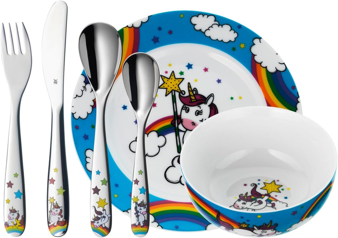 WMF Einhorn Kinder Geschirrset 6-teilig, Kindergeschirr mit Kinderbesteck Edelstahl, 3-9 Jahre, Crom