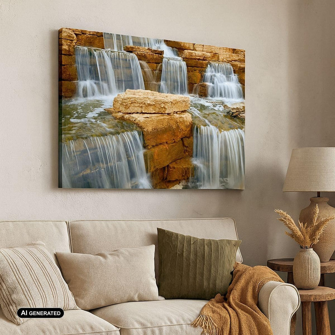 Bilder auf Leinwand Wasserfall Steine Wasser Leinwandbild 70x50cm Wandbilder Dekoration Wohnzimmer S