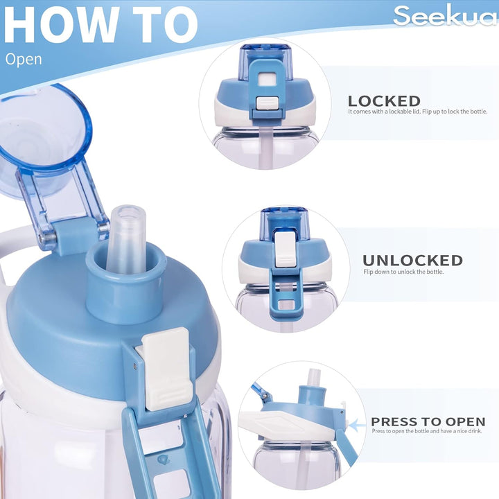 Seekua 1l Sport Trinkflasche Glas Flasche mit Strohhalm & Zeitmarkierung auslaufsicher bpa frei 1 li