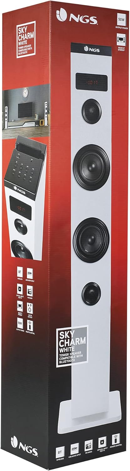 NGS Sky Charm White - 50W Bluetooth Sound Tower mit Fernbedienung, Optischem Eingang, USB, FM Radio