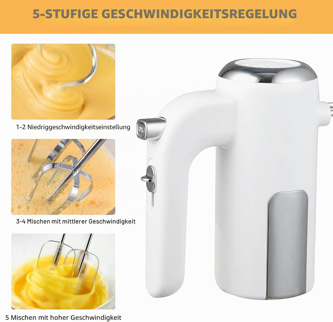 Handmixer 400W, Handrührgerät mit 5 Stufen &amp; Turbo-Funktion, Edelstahl Rührgerät Hand Mixer mit 2 Rü