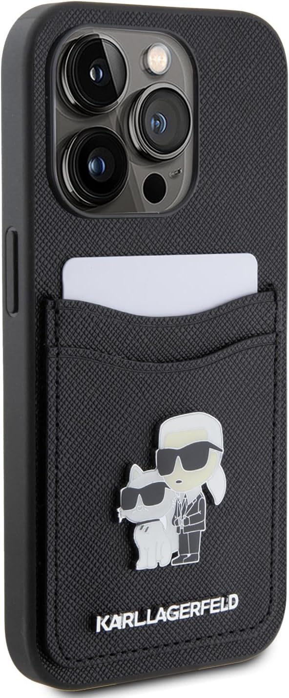 CG MOBILE Karl Lagerfeld Saffiano Hülle mit Kartenfach für iPhone 15 Pro (Schwarz), Schwarz