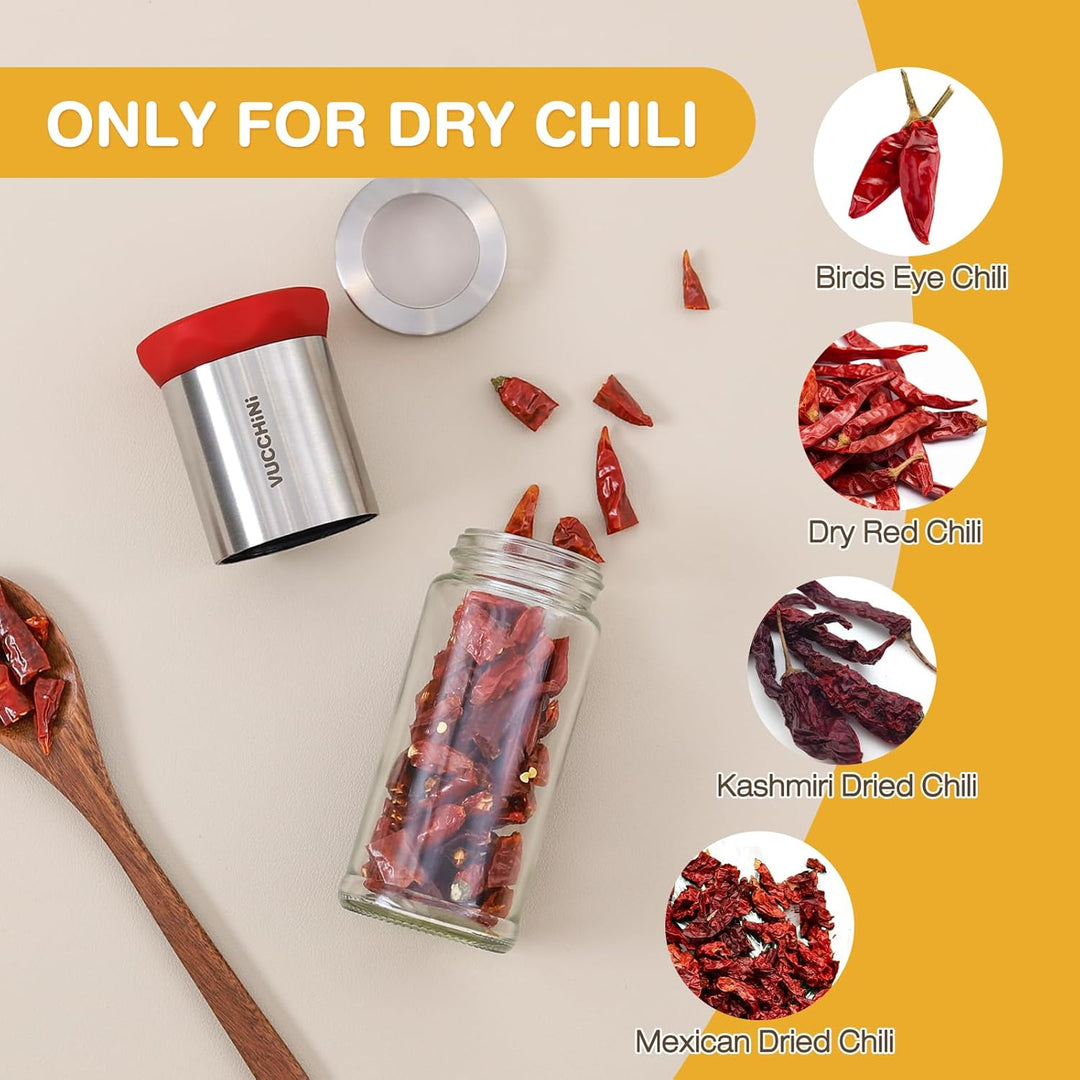 Vucchini Chilimühle ‌Nur für getrocknete Chilis | Edelstahl &amp; Glas,Chilischneider für grobe Gewürze