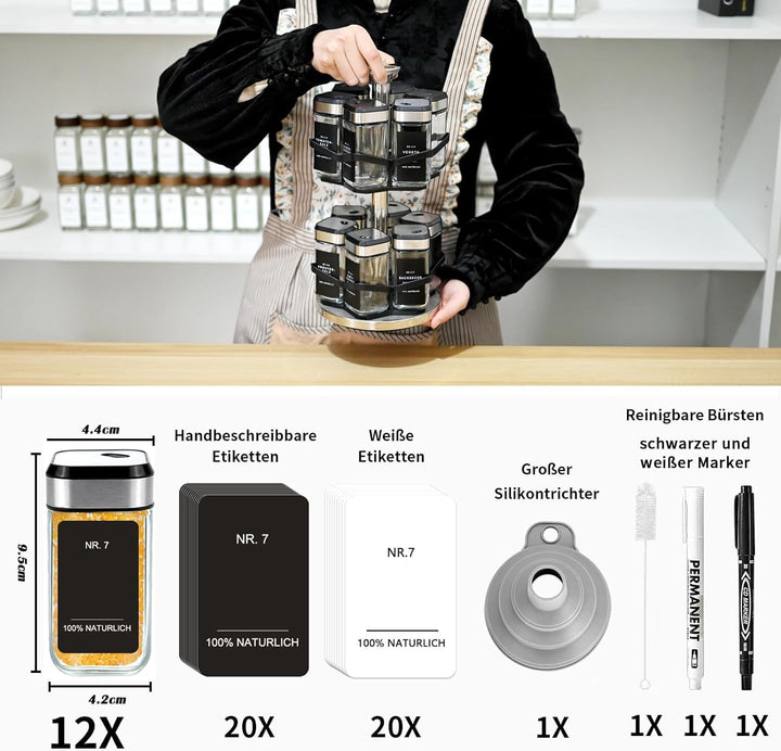 SIAZIH Gewürzregal Drehbar 2 Etagen mit 12 x 120ml Gewürzgläser, 360°-Uhr Lochgrösse wählen, 360° Ge