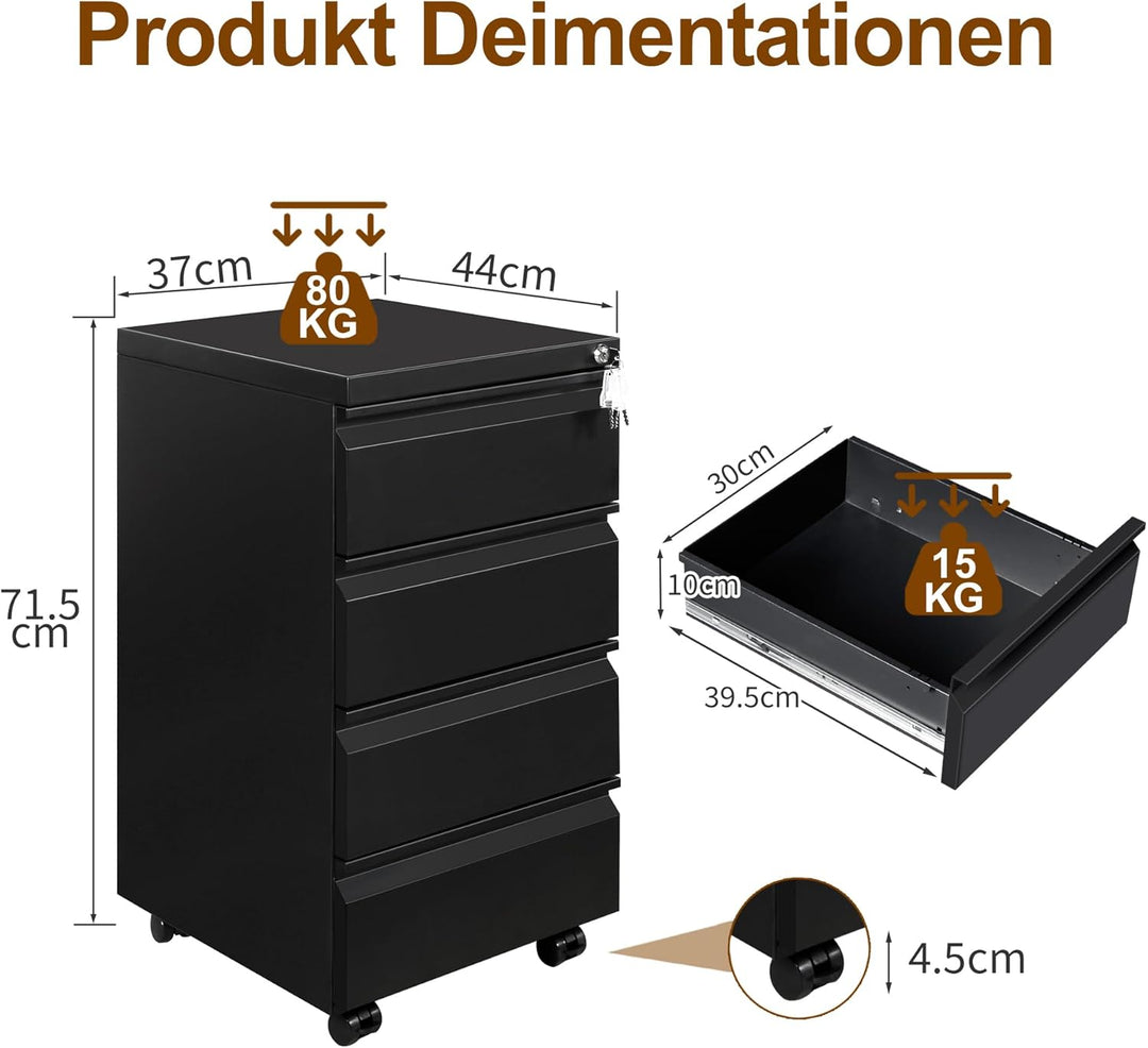Rollcontainer, Mobiler Aktenschrank mit Schloss, 4 Schlüssel, 4 Schubladen, Büroschrank aus Metall,