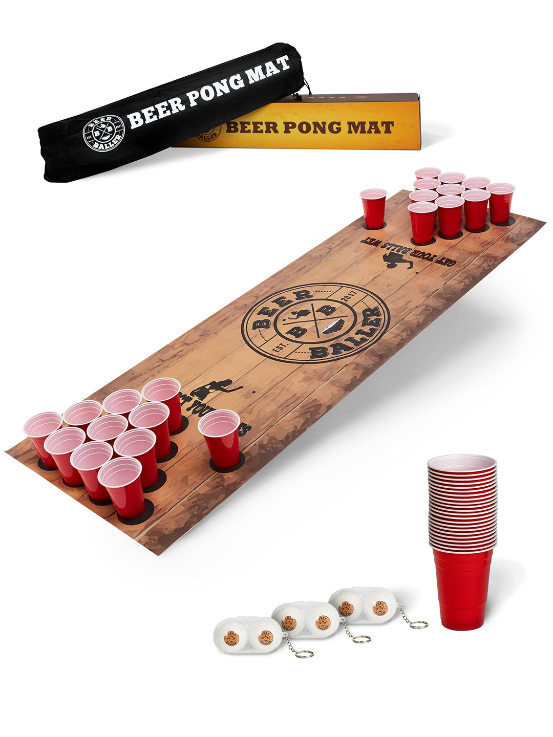 BeerBaller® Beer Pong Matte - Bierpong Set inkl. Bierpong Matte, 50 Beer Pong Becher &amp; 4 Beerpong Bä