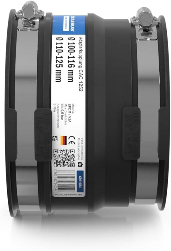 Crassus Adapterkupplung CAC 1252, EPDM / V2A, 1 Stück, 110-125 mm auf 100-115 mm, CRA12054, 110-125
