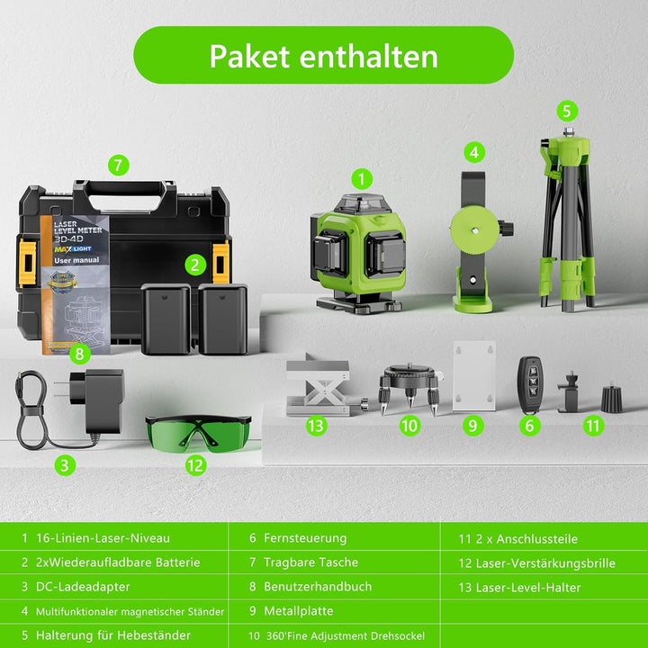 Kreuzlinienlaser Grün 16 Linien Nivellierlaser mit Stativ, 4 x 360 ° Laser wasserwaage, linienlaser