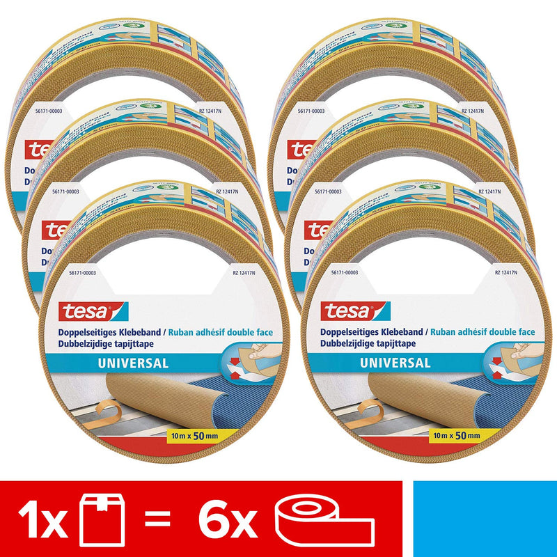 tesa Doppelseitiges Klebeband Universal im 6er Pack - je 10 m & pack 64014 - Geräuscharmes Paketkleb