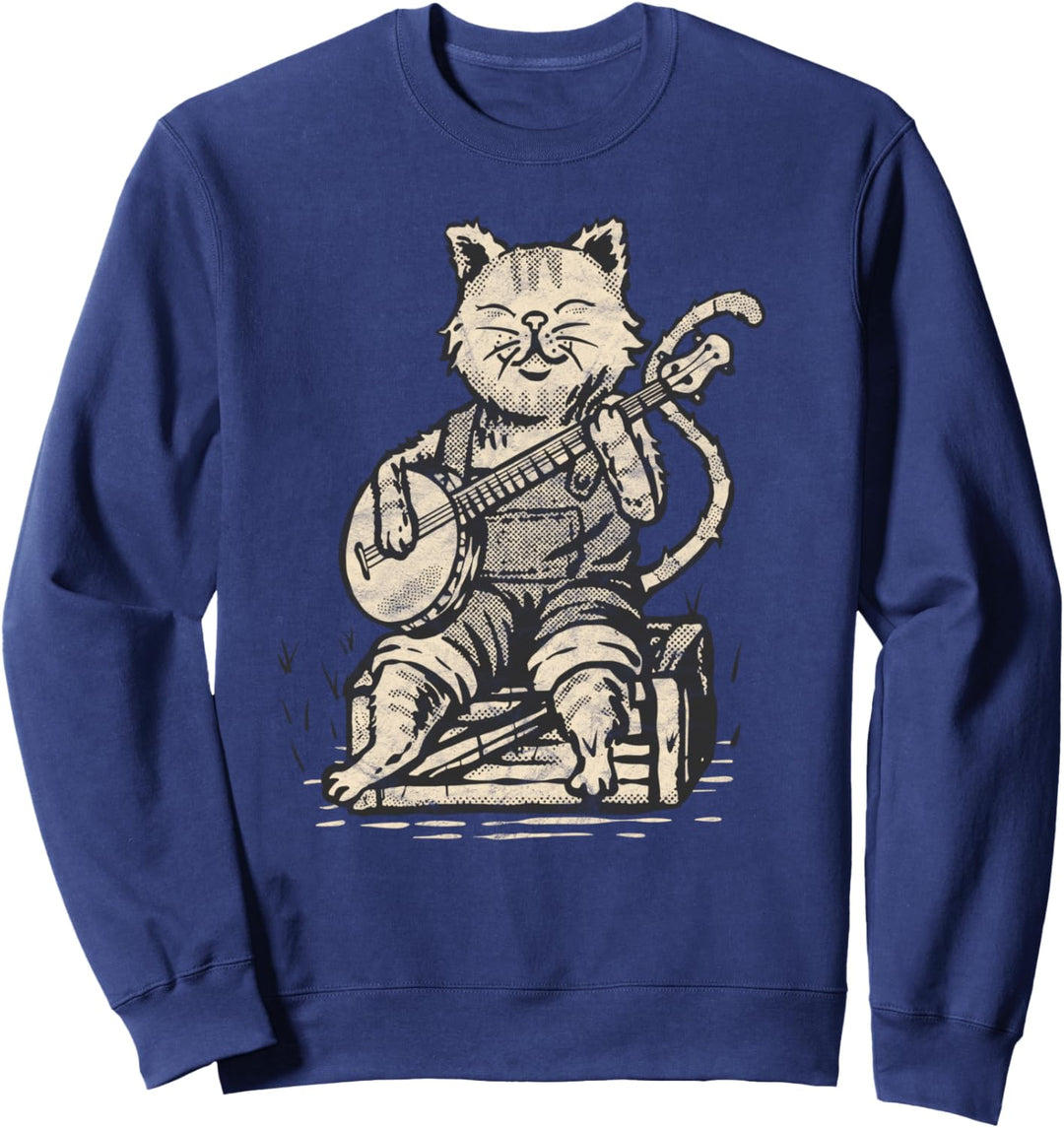 Cute Banjo Cat and Overalls Funny Bluegrass Music Sweatshirt