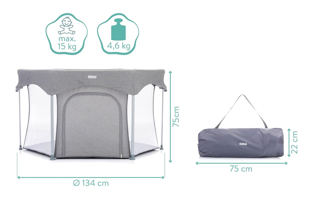 Fillikid Laufgitter 6-eckig Athen Exklusiv | Laufstall Baby klein klappbar & Tragetasche | Kinder Sc
