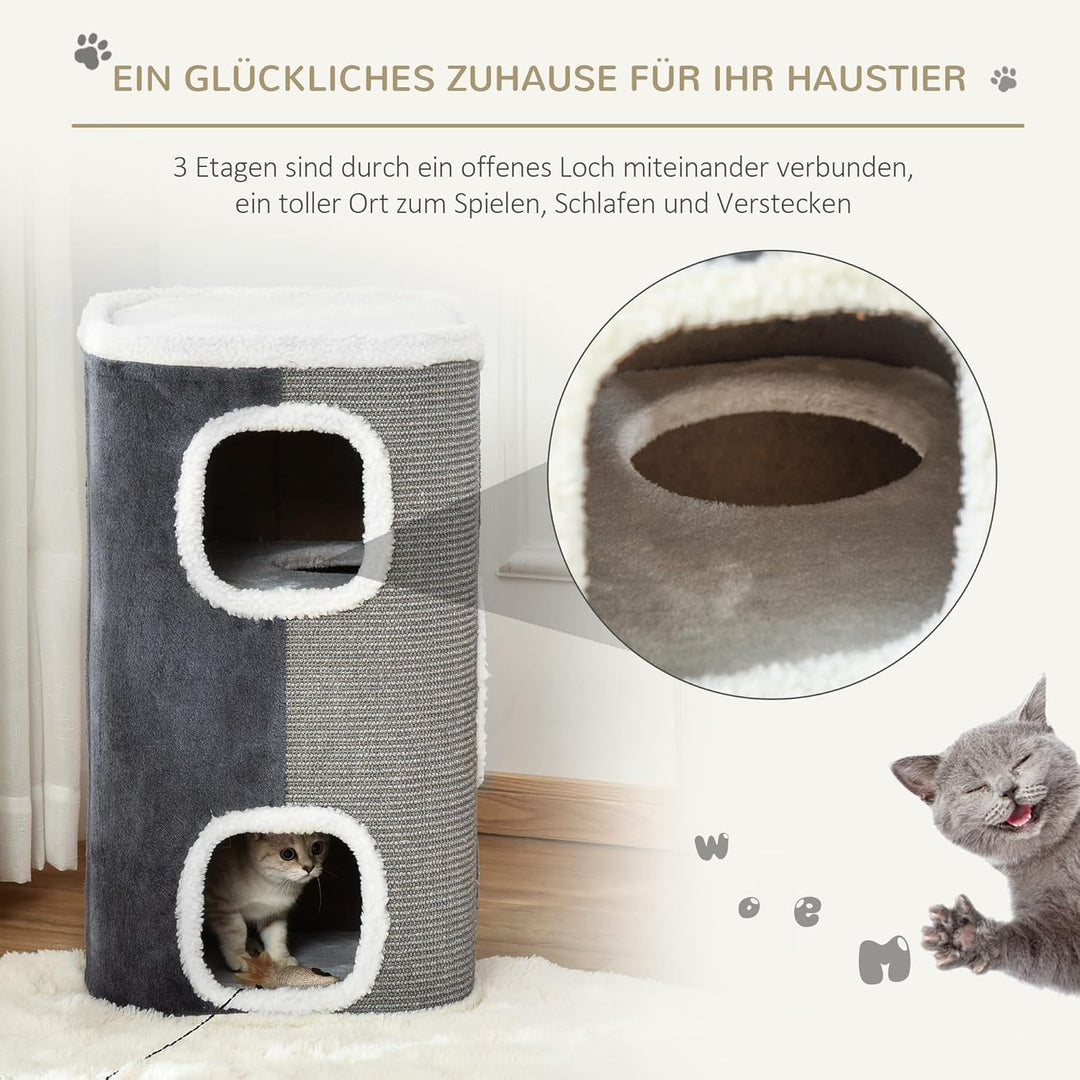 PawHut Kratztonne 74 cm Hoch dreistöckige Katzentonne mit Kissen, Plüschrand, Katzenhöhle, Kratzbaum