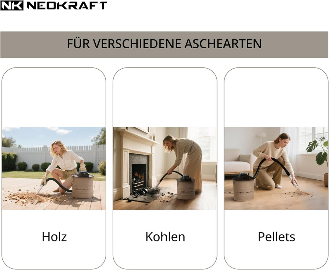 Neokraft Aschesauger 1600W – Elektrischer Aschestaubsauger für Kamin und Grill – Saugen und Blasen –