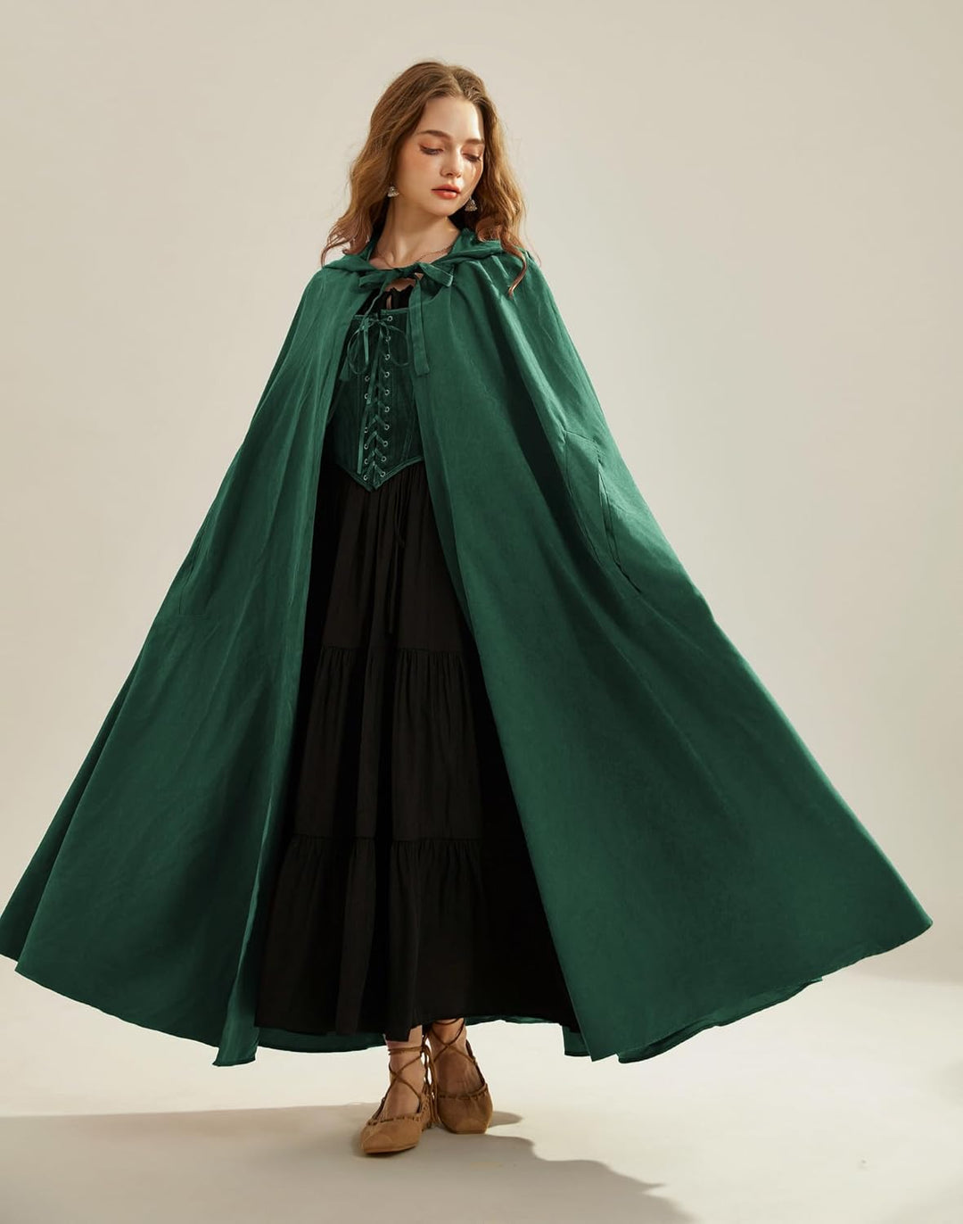 SCARLET DARKNESS Damen Mittelalter Umhang mit Kapuze Unisex Maxi Umhang Hexe Cosplay Cape Dunkelgrün