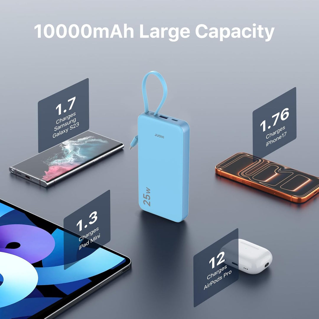 JUOVI Power Bank 10000mAh mit Kabel, 25 W Powerbank Klein Leicht, tragbarer Akkupack schnellladefunk