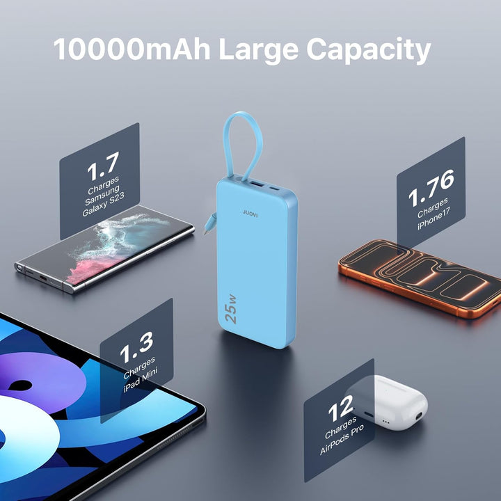 JUOVI Power Bank 10000mAh mit Kabel, 25 W Powerbank Klein Leicht, tragbarer Akkupack schnellladefunk